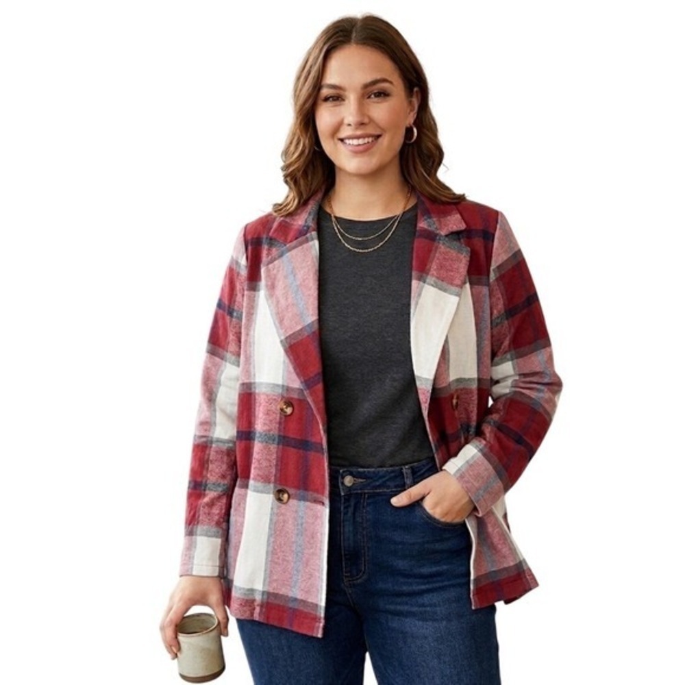 BloomChic Red White Blue Preppy Plaid Blazer Jacket Size 12